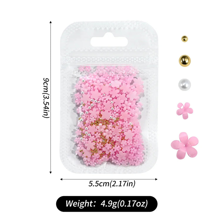 1box 3D Flower Bow Nail Art Decorations Kit Pink/White Acrylic Floral/Peal Beads Nail Charm with Wax Pen/Tweezer 4/6mm Nail Part Nail