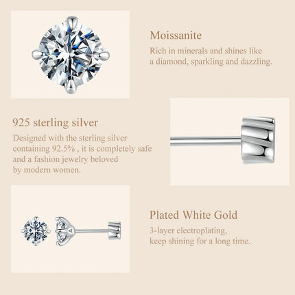 BAMOER Classic Moissanite Earrings, 925 Silver Brilliant 4 Prongs Round Cut Lab Created Diamond Wedding Engagement Earrings PlatiNum