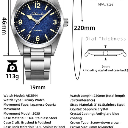 ADDIESDIVE Watches Men New 36mm Sapphire Quartz Wristwatch Japan 2035 Movement AR Coating BGW9 Luminous 100m Waterproof AD2544