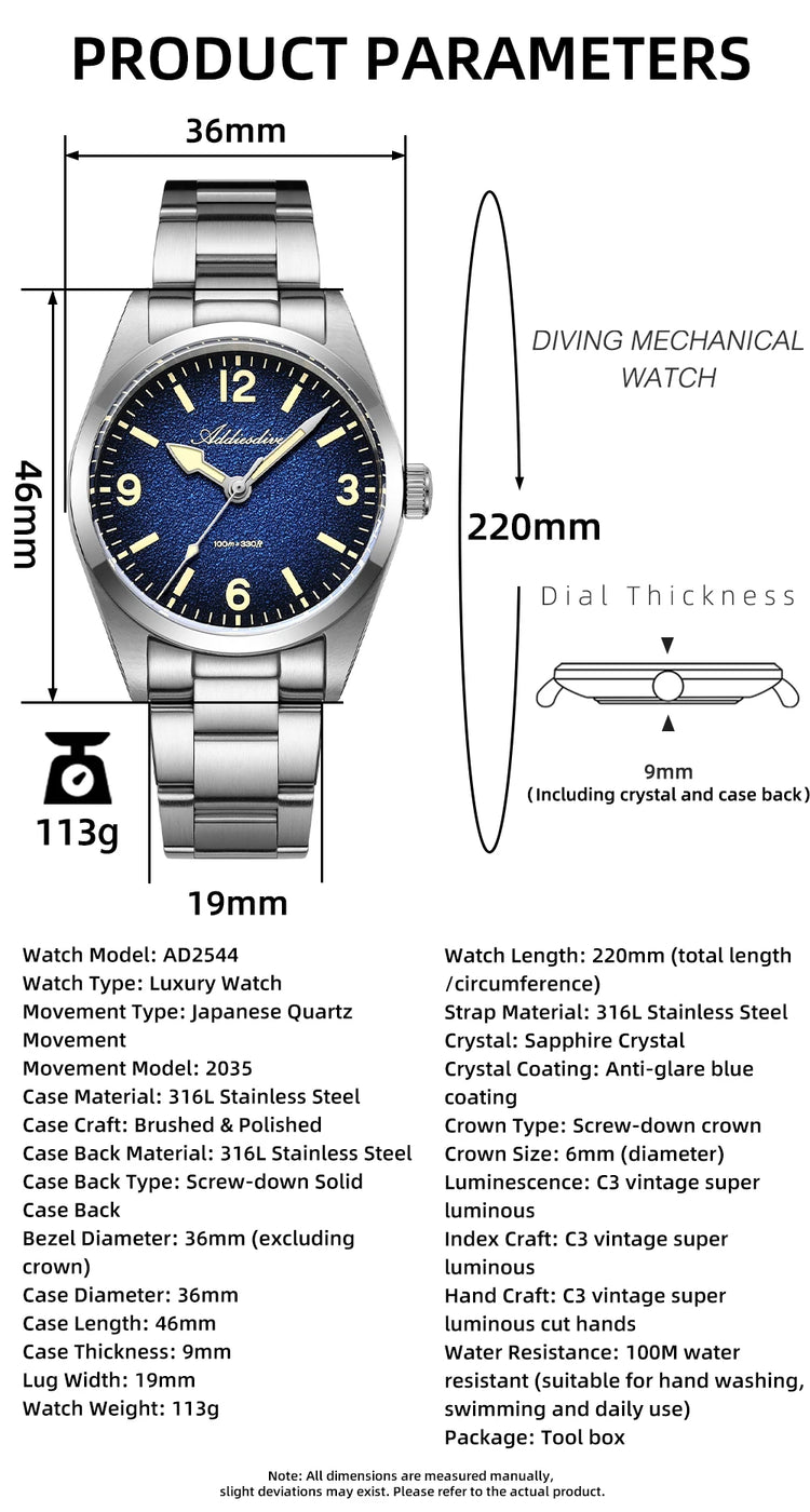 ADDIESDIVE Watches Men New 36mm Sapphire Quartz Wristwatch Japan 2035 Movement AR Coating BGW9 Luminous 100m Waterproof AD2544