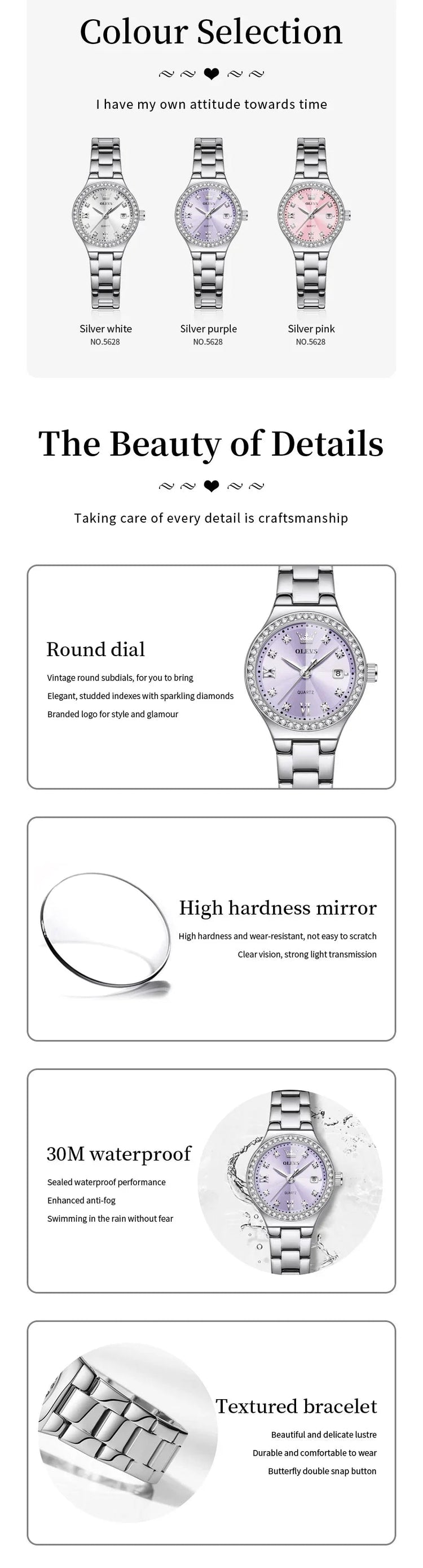 OLEVS 5628 Orologio al quarzo da donna Orologio da polso impermeabile luminoso in acciaio inossidabile con scala di diamanti e funzione data platinumshop