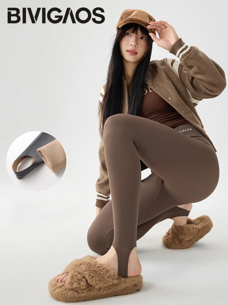 BIVIGAOS Autumn Winter Thick Foot Pants Sharkskin Leggings Women's Rabbit Fleece Warm Leggings High Waist Elastic Non Trace Yoga
