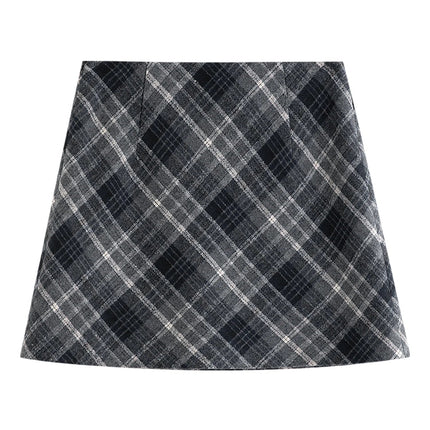 FSLE Autumn Party Skirt High Waist Retro Plaid Knit WoolShort Skirt For Women 2025 Fall Winter New Arrival Y2K Mini A-line Skirt PlatiNum