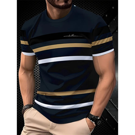 Men's Simple Fashion Striped Graphic T-shirt Summer Fashion Short Sleeve 3D Printed T-shirt Casual Oversized Crew Neck T-shirt