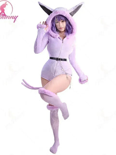 MOBBUNNY Espeon Cosplay Costume Women Hooded Bodysuit Tail Socks Suit Cute Cartoon Flannel Pajamas Bunny Girl Plush Jumpsuit