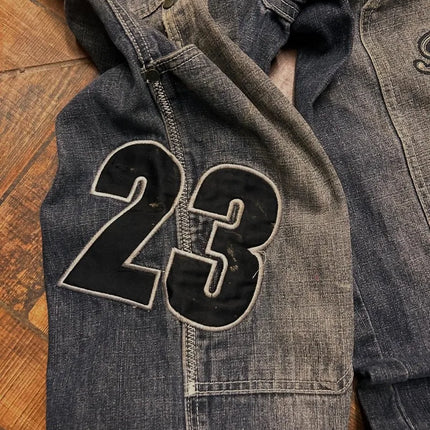 Jeans in denim lavato con ricamo a lettere stile Y2K, tasche grandi, vestibilità ampia, per donna, retrò, high street, trendy, hip hop, wild, a gamba larga