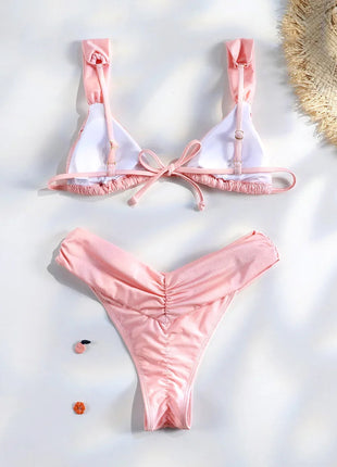 Set Bikini Sexy con Pieghe, Micro Bikini Tinta Unita, Costume da Bagno Femminile a Triangolo, Abbigliamento da Spiaggia platinumshop