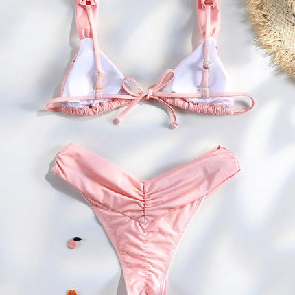 Set Bikini Sexy con Pieghe, Micro Bikini Tinta Unita, Costume da Bagno Femminile a Triangolo, Abbigliamento da Spiaggia platinumshop