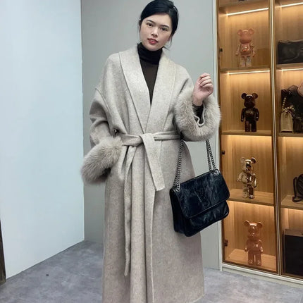 High End Double-sided Wool Strapping Real Wool Fur Coat Women's Removable Cuffs Fox Fur Temperament Cashmere Short Jacket