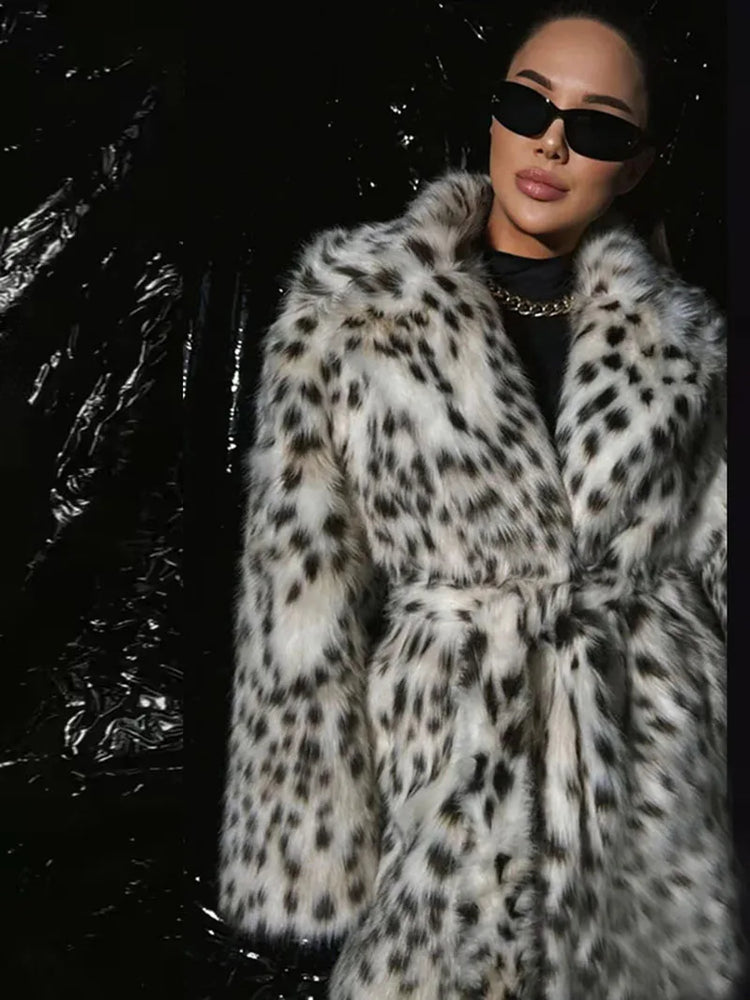ZADORIN Luxury Belted Long Leopard Faux Fur Coat Woman Y2k Clothes Fashion Lapel Thick Warm Fluffy Jacket Fur Coats Outerwears