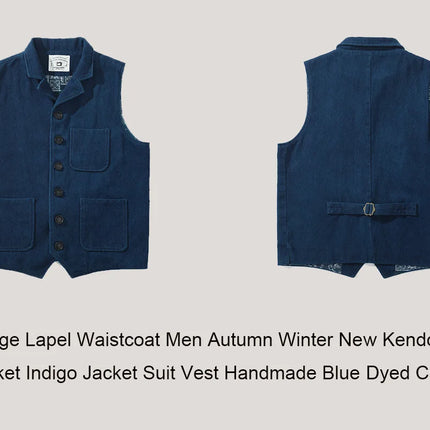 Vintage Lapel Waistcoat Men Autumn Winter New Kendo Fabric Multi-pocket Indigo Jacket Suit Vest Handmade Blue Dyed Cardigan Coat