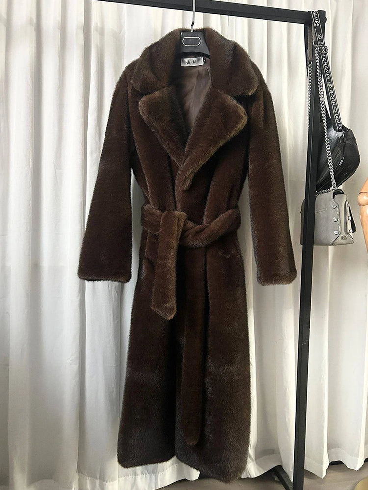 ZADORIN 110cm Long Lapel Belted Brown Faux Fur Coat Woman Elegant Mink Fur Faux Coat Fluffy Fur Jackets for Woman Winter Clothes