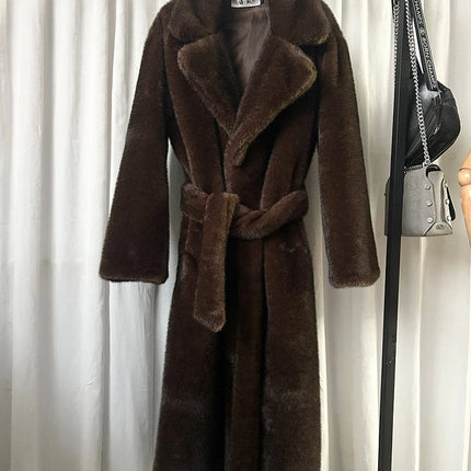ZADORIN 110cm Long Lapel Belted Brown Faux Fur Coat Woman Elegant Mink Fur Faux Coat Fluffy Fur Jackets for Woman Winter Clothes