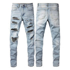 High Street Jeans Patch Hand-worn Holes Slim Skinny Jeans for Men PlatiNum
