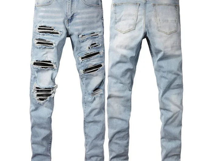 High Street Jeans Patch Hand-worn Holes Slim Skinny Jeans for Men PlatiNum