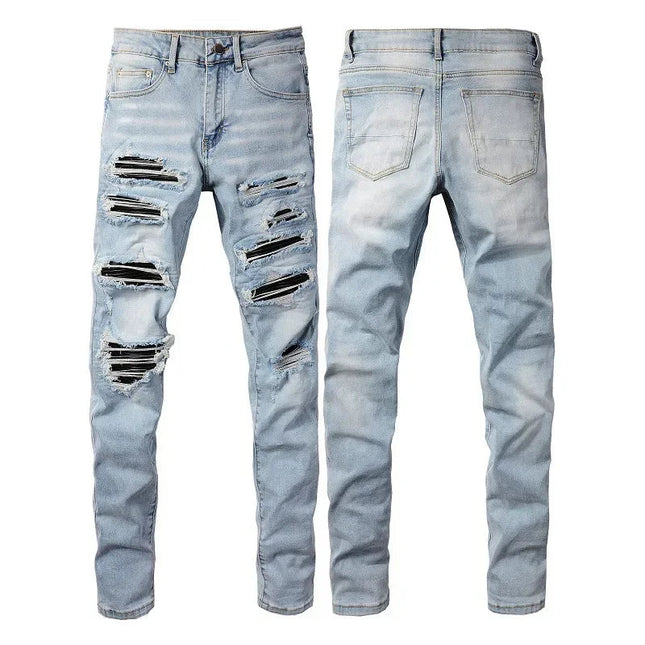 High Street Jeans Patch Hand-worn Holes Slim Skinny Jeans for Men PlatiNum
