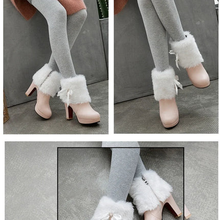 Snow Boots Womens Winter Warm Plush Fashion High Heels Pink White Black Fur Bowt Dress Party Wedding Platform Boots 526-1