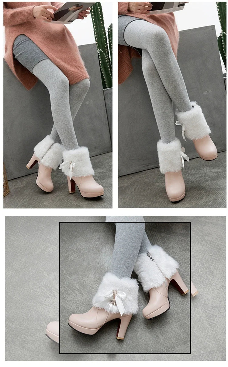 Snow Boots Womens Winter Warm Plush Fashion High Heels Pink White Black Fur Bowt Dress Party Wedding Platform Boots 526-1