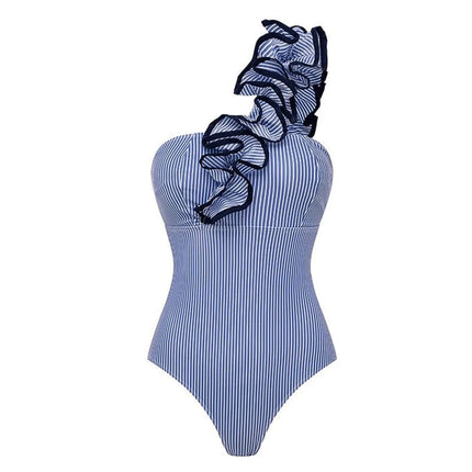 2025 Nuova donna sexy monospalla con volant a righe stampa costume intero e gonna monokini costume da bagno da spiaggia body femminile platinumshop