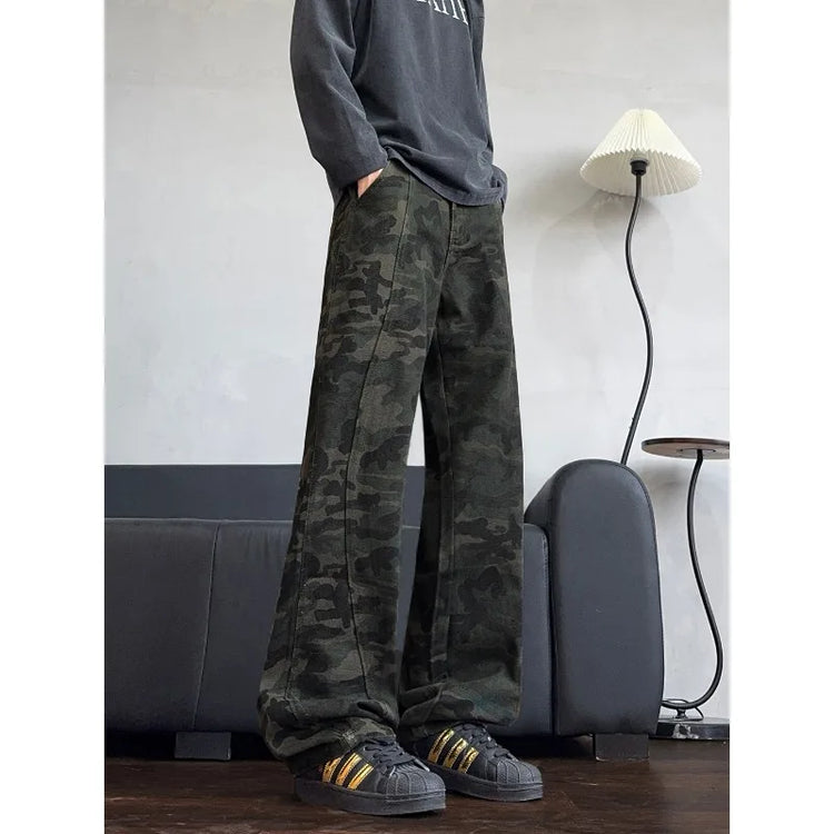 2026 Autumn Winter Mens Camouflage Flare Jeans American Dark Street Style Slim Fit Niche Design Casual Denim Long Pants