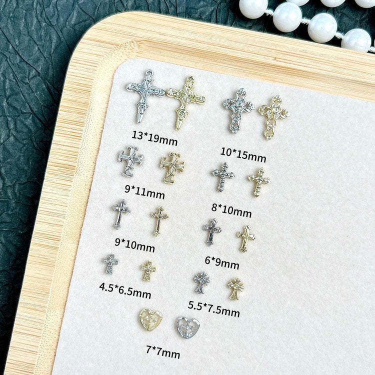 30PCS Multiple Style Shiny Alloy Cross Nail Art Charms 3D Retro Creative Heart Cross Nail Decorations for DIY Y2K Nails Designs
