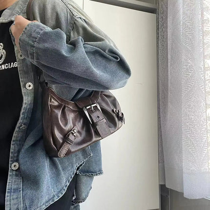 Y2K Vintage Distressed Leather Women Bag Shoulder Bag Maillard Style Underarm Purse Two Tone Crossbody Bag for Women PlatiNum