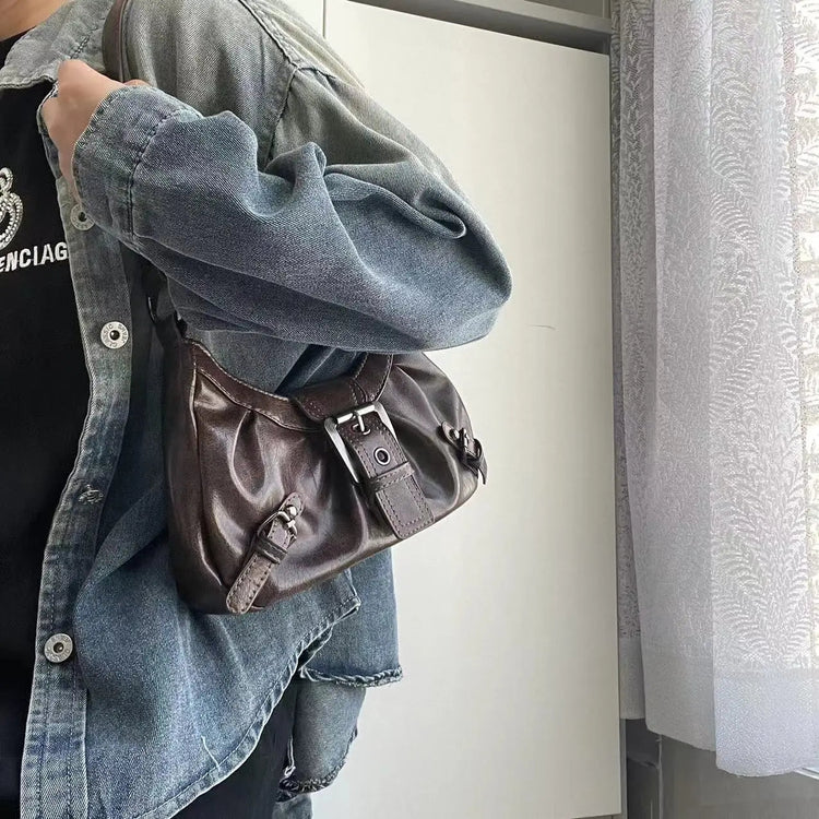Y2K Vintage Distressed Leather Women Bag Shoulder Bag Maillard Style Underarm Purse Two Tone Crossbody Bag for Women PlatiNum