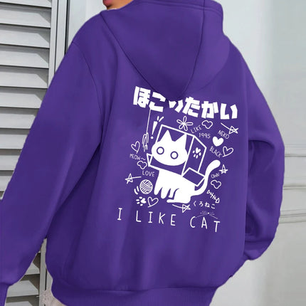 I Like Cat Heart Box Cat Print Women Hoody Autumn Fleece Hoodies Jogging Loose Streetwear Casual All-Match Female Hoodie