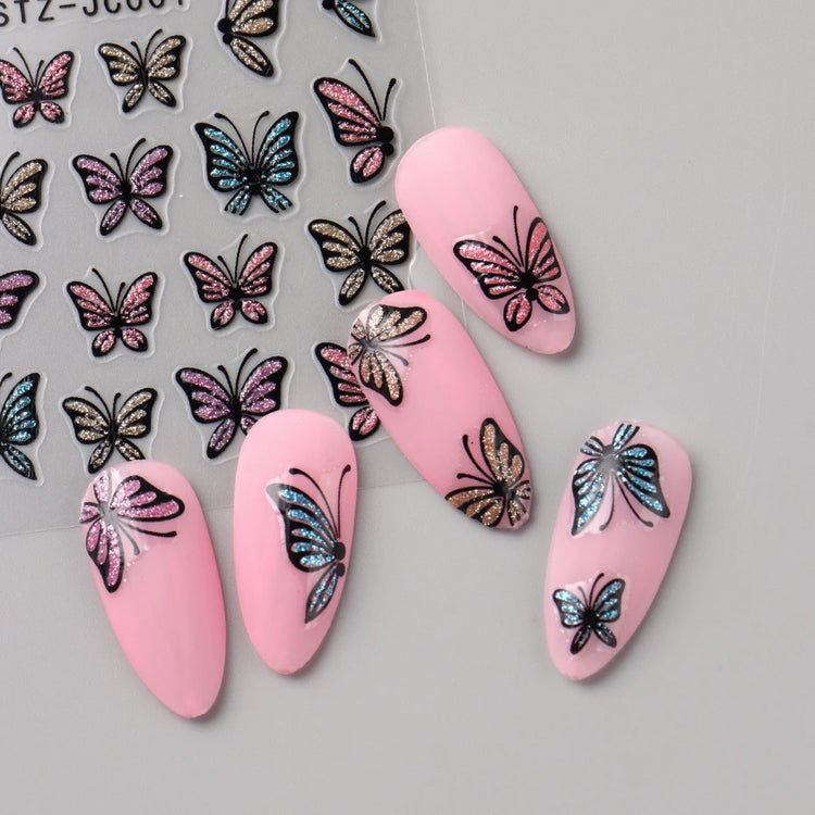 Glitter Butterfly Nail Stickers Decals Charm 3D Shiny Blue Pink Design Self Adhesive Sliders Nail Art Foils Manicure Decorations