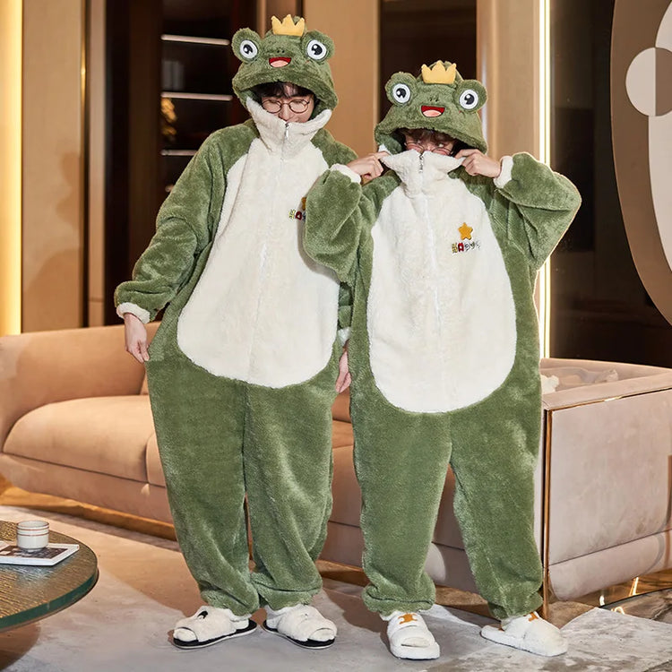 Winter Animal Onesies for Adults Homewear Flannel Sleepwear Couples Jumpsuit Winter Coral Velvet Pajamas Women Mens Loungewear