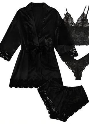 Pigiama da donna lussuoso con scollo a V in 4 pezzi camicia da notte sexy pizzo in raso halter accappatoio in raso di seta camicia da notte per la casa pigiama sexy per la casa platinumshop