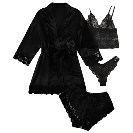 Pigiama da donna lussuoso con scollo a V in 4 pezzi camicia da notte sexy pizzo in raso halter accappatoio in raso di seta camicia da notte per la casa pigiama sexy per la casa platinumshop
