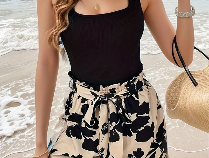 2025 Summer New Women's Floral Print Slim-Fit Casual Co-ord Set PlatiNum