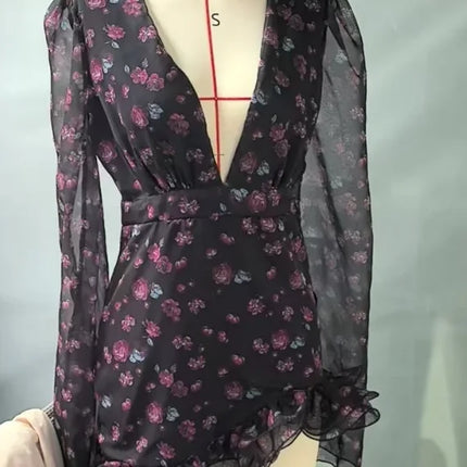 Women's Elegant Mini Dress with Ruffles and Floral Print, Long Sleeves, Deep V-Neck, Slim A-Line Dress 2026, New Women's Dress for Holidays and Street Style