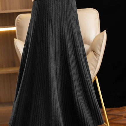 Elegant Women's Pleated Skirt 100% Merino Wool Skirt A-Line Long Skirt Soft Warm Autumn Winter Dress Slim Elastic Waist Office PlatiNum
