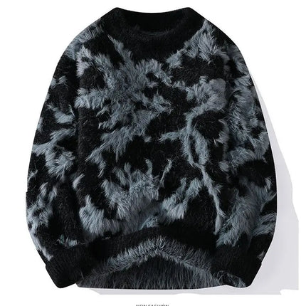 Men Jacquard Furry Sweater Long Sleeve Thick Print Faux Mink Velvet Knit Dyed Pullover O Neck High Street Warm Sweater Jumpers
