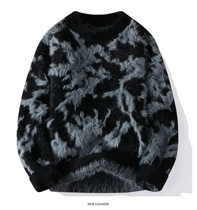Men Jacquard Furry Sweater Long Sleeve Thick Print Faux Mink Velvet Knit Dyed Pullover O Neck High Street Warm Sweater Jumpers