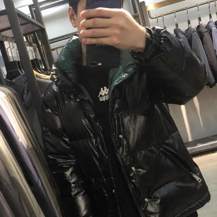 Fashion Mens Winter Mixed Colors Thick Warm 90% White Duck Down Jacket Bright Pu Leather Overcoat Streetwear Hooded Outwear Coat