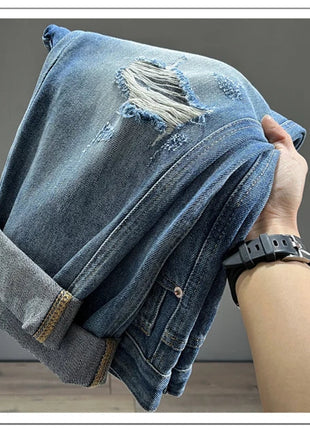 Ripped Jeans Men New Personality Fashion Vintage Blue Streetwear Baggy Denim Pants Casual Tapered Hole Frayed Trousers Male PlatiNum