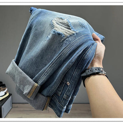 Ripped Jeans Men New Personality Fashion Vintage Blue Streetwear Baggy Denim Pants Casual Tapered Hole Frayed Trousers Male PlatiNum