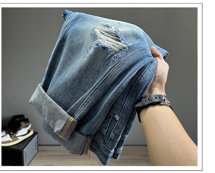 Ripped Jeans Men New Personality Fashion Vintage Blue Streetwear Baggy Denim Pants Casual Tapered Hole Frayed Trousers Male PlatiNum