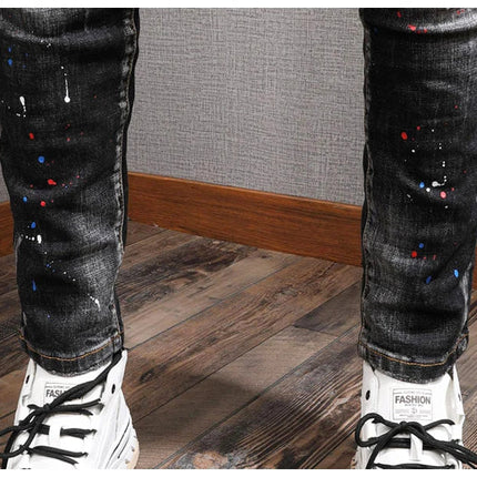 Fashion Streetwear Men Jeans Retro Black Blue Elastic Slim Fit Ripped Jeans Men Spliced Designer Embroidery Hip Hop Denim Pants PlatiNum