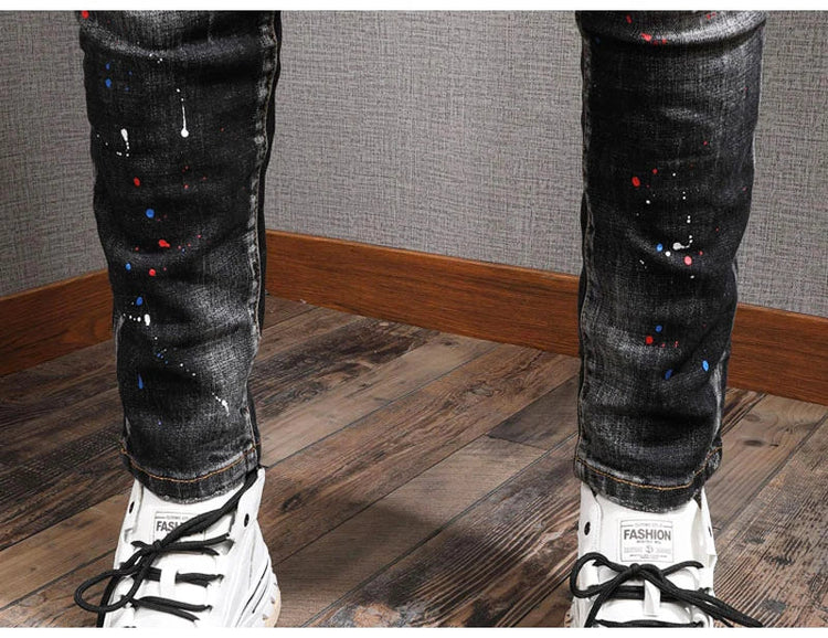 Fashion Streetwear Men Jeans Retro Black Blue Elastic Slim Fit Ripped Jeans Men Spliced Designer Embroidery Hip Hop Denim Pants PlatiNum