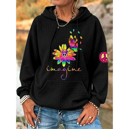 ilstile Women's Hippie Flower Print Hoodies Autumn Outdoor Sports Long Sleeve Casual Loose Round Neck Hooded Hoodies Hot Sale