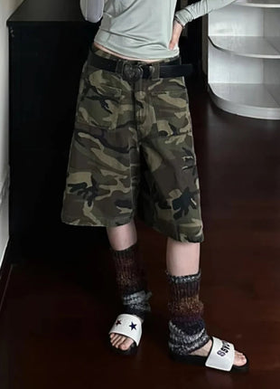 PBAP Camouflage Denim Bermuda Pants High Waist Pocket Patched Straight Cargo Jean Shorts Jorts Harajuku Vintage Women Streetwear PlatiNum
