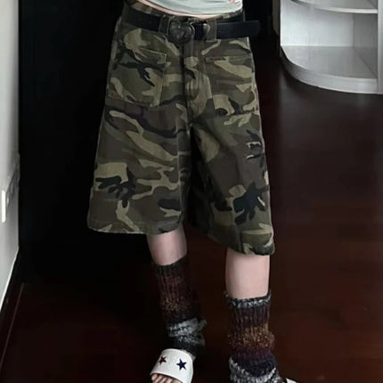 PBAP Camouflage Denim Bermuda Pants High Waist Pocket Patched Straight Cargo Jean Shorts Jorts Harajuku Vintage Women Streetwear PlatiNum