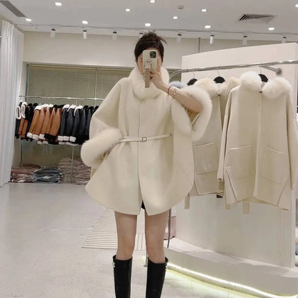 UCXQ Korean Style Two Sided Cloak Overcoat For Women Fur Collars Belt Loose Long Coats 2025 Winter New 23Z2284