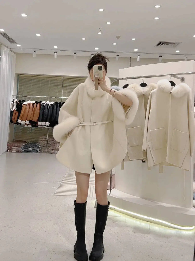 UCXQ Korean Style Two Sided Cloak Overcoat For Women Fur Collars Belt Loose Long Coats 2025 Winter New 23Z2284