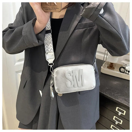 Chic SM Letter Camera Bags, Stylish Women’s Crossbody Small Square Purses with Wide Patterned Straps, Perfect for Daily Casual PlatiNum
