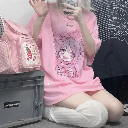 Printemps été Nouvelle version coréenne Harajuku Rose Mignon Anime Cartoon Fille T-shirt à manches courtes ample étudiant haut